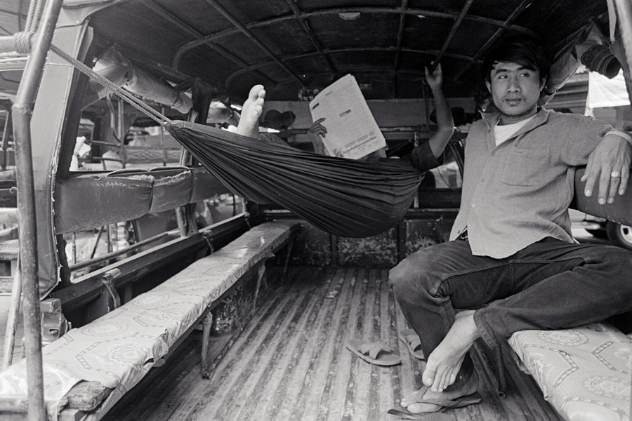 2011: Converted trucks known as songteows ('two benches') or 'linecars' are a typical form of public transportation throughout Thailand, and the only type in Mae Sot, which isn't big enough for buses or metro trains. They generally aren't used for going around the city center itself, but to go to the Myanmar border and nearby towns. Drivers spend long hours in the trucks and have ways of making themselves more comfortable.