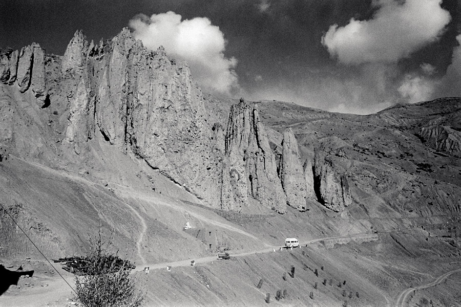Dhankar village, Spiti Valley, India 2014: Eroded landscapes along the main road.